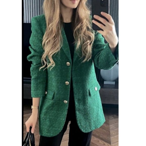 ZARA NEW WOMAN TEXTURED WEAVE TAILORED BLAZER JACKET GREEN 2761/062 Size S - Picture 2 of 15
